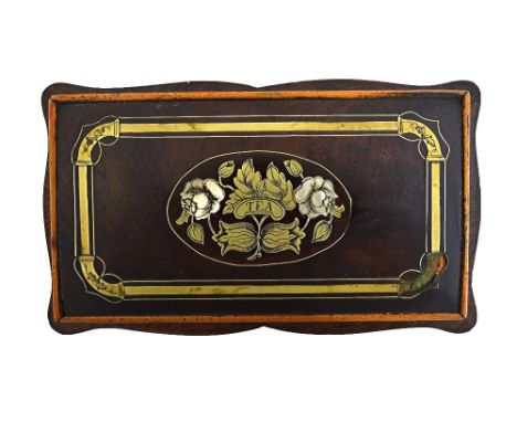 A 19th century brass and mother of pearl inlaid tea caddy, the shaped lid revealing a twin section interior, together with a 