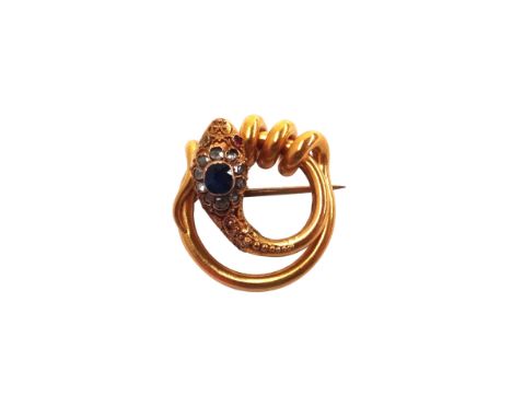 A gold, sapphire and diamond set brooch, in an entwined snake design, the snake's head mounted with a cushion shaped sapphire
