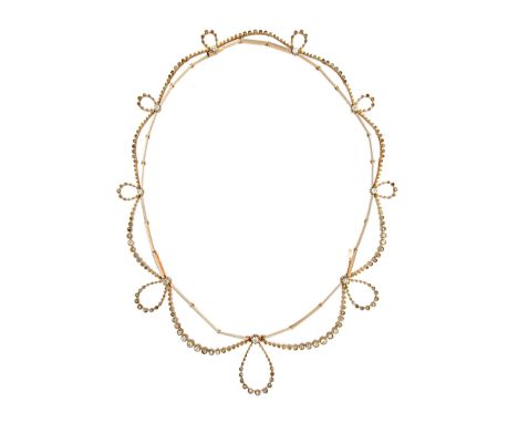 A diamond necklace, in a graduating looped and bar link design, on a snap clasp, mounted with cushion shaped and rose cut dia