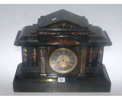19th Century slate and inset marble mantel clock and garden metalwork orb