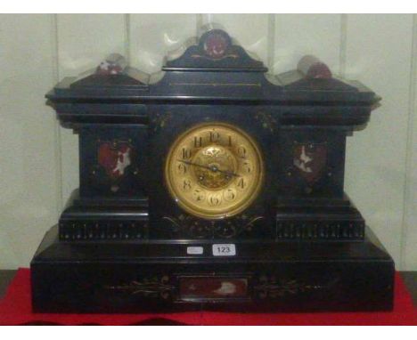 Large Victorian black slate and marble inset mantel clock
