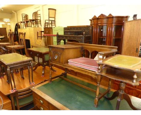 Oak telephone seat, leather inset tripod table, leather inset drop leaf table and rectangular nest of three tables (4)