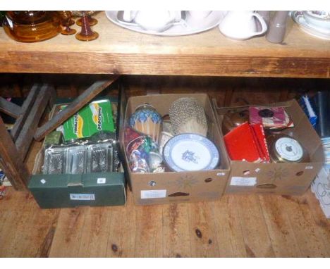 Three boxes of glass and china, ethnic drum, barometer, banknotes, silver plate, etc