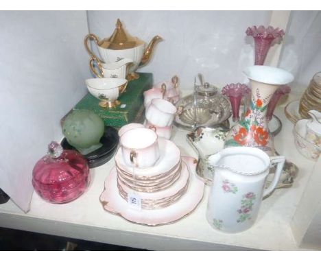 Royal Winton three piece tea set, ruby glass epergne, Royal Albert tea set, cutlery, etc