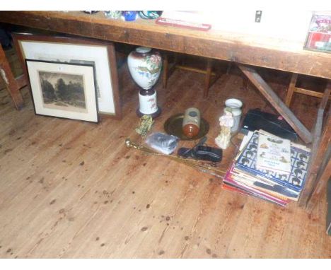 LP records and record player, AA Milne book, cameras, two prints, fire irons, figure, etc