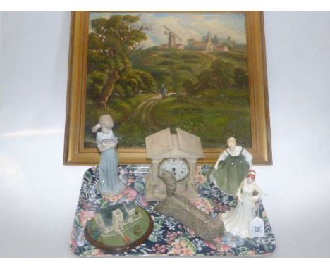 Royal Doulton, Coalport and Lladro figures, Doulton cat, Aynsley clock, Elwick Church model and oil painting