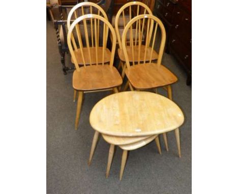 Set of four Ercol elm dining chairs and nest of three Ercol shaped top tables