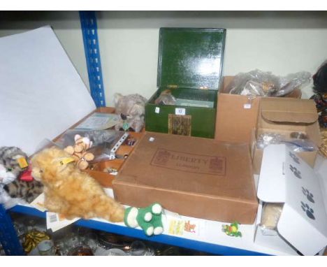 Collection of thimbles, sewing accessories, lace, two Steiff cats and other soft toys, etc