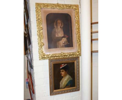 Portrait of a lady, oil on canvas, framed; and three further pictures (4)