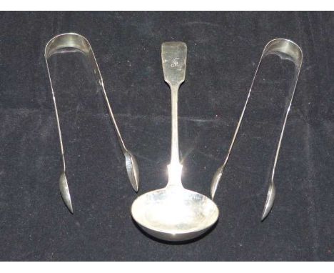 Silver sauce ladle, London 1877; Pair of silver sugar tongs, Exeter 1846; and another pair of silver sugar tongs, London 1841