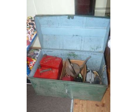 Tin trunk, two petrol cans, railway lamps, etc