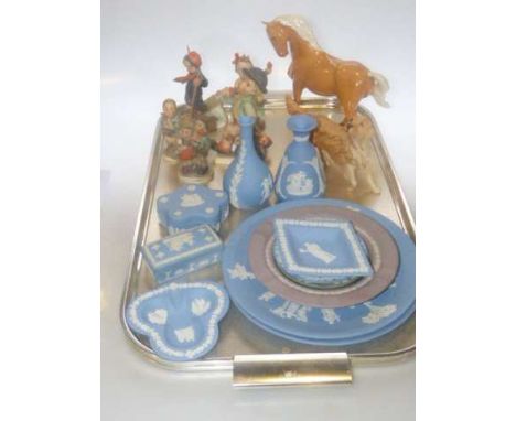 Beswick horse, Royal Doulton dog, five Hummel figures and Wedgwood Jasper ware