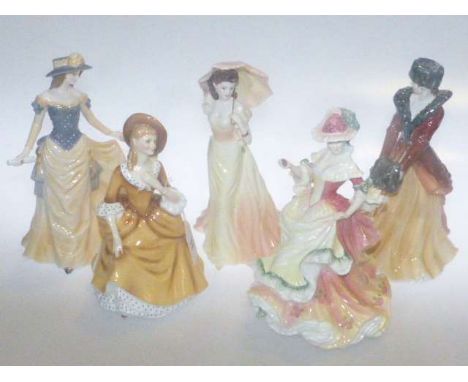 Two Royal Doulton figures 'Rose' and 'Sandra', two Royal Worcester figures 'Natasha' and 'Alice' and Coalport 'Vicky' (5) All