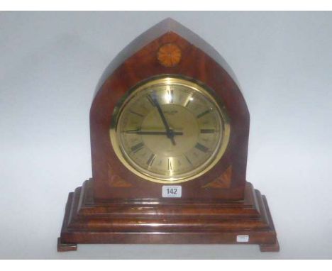 Inlaid mahogany mantel clock with gilt dial