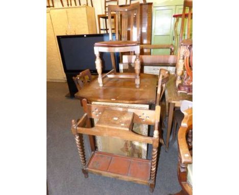 Oak draw leaf dining table and four chairs, oak barley twist hallstand and framed print (7)