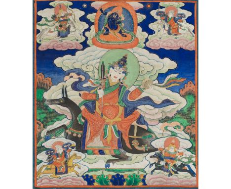 A THANKGA OF THE FIVE FOREMOST DEITIES, 19TH CENTURYTibet. Distemper on cloth, with a silk frame, mounted as a hanging scroll