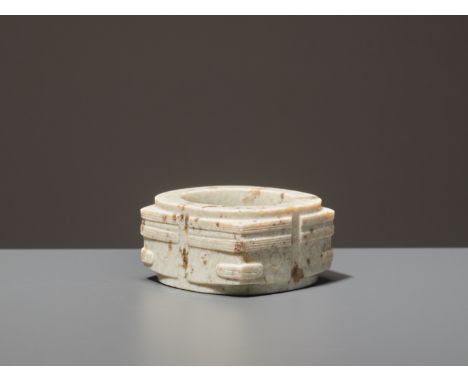 A SMALL JADE CONG, LIANGZHUJade. China, Liangzhu culture, c. 3300-2200 BCThe cong is of square cross section with rounded squ