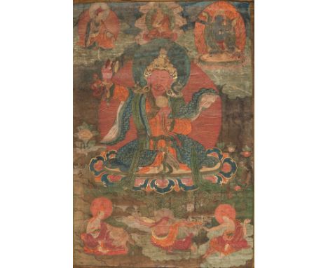 A THANGKA OF PADMASAMBHAVA AS PEMA GYALPO, 17TH - 18TH CENTURYTibet. Distemper on cloth, with a silk brocade frame enhanced w