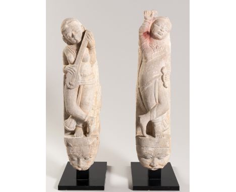 A PAIR OF ALASAKANYA SCULPTURES, 17th CENTURYIndia, c. 17th century. Carved as Apsara musicians, one with her right hand rais