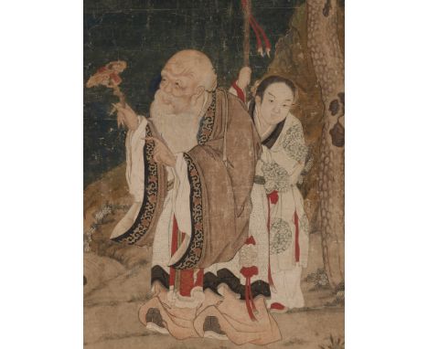 A LARGE PAINTING DEPICTING SHOULAO AND AN ATTENDANT, BY GU JIANLONG (1606-1687), DATED 1679 顧見龍(1606-1687)款《長壽仙芝》，1679年China.