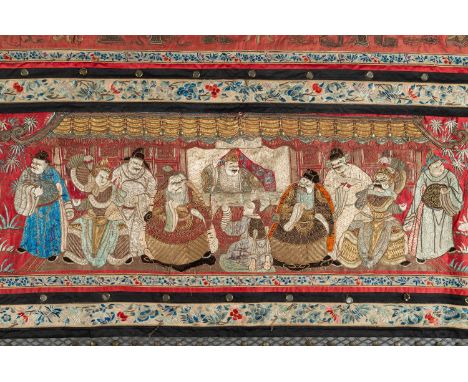 A LARGE EMBROIDERED WALL PANEL, QINGChina, late Qing Dynasty (1644-1912). Of rectangular form, embroidered in satin stitch wi