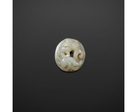 AN EXQUISITE SMALL PALE CELADON JADE SWORD POMMEL WITH HORNLESS DRAGON, WESTERN HANJade. China, Western Han dynasty, c. 3rd-2