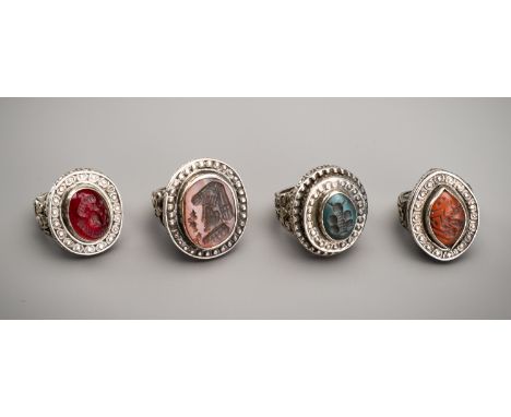 A LOT WITH FOUR SILVER RINGS SET WITH SASANIAN HARDSTONE INTAGLIOSThe seals presumably Sasanian, ancient Persia /Iran, c. 3rd