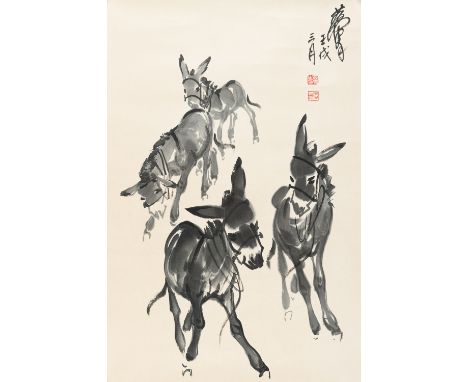 A PAINTING WITH DONKEYS, MANNER OF HUANG ZHOU (1925-1997)China, 20th century. Ink on paper, painted with four donkeys in a va