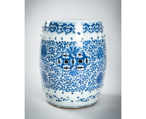 A BLUE AND WHITE BARREL-FORM GARDEN STOOL, QINGChina, late Qing Dynasty (1644-1912). Finely painted in shades of cobalt blue 