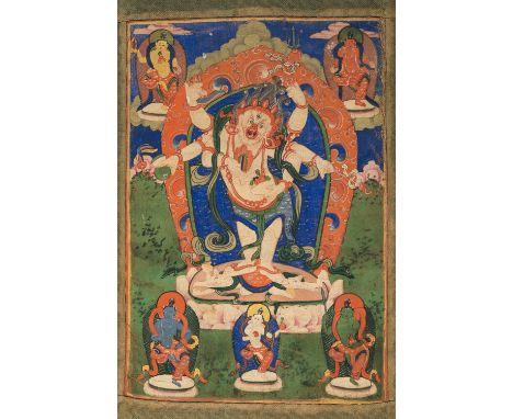 A THANGKA OF WHITE MAHAKALA, 19TH CENTURYTibet. Distemper on cloth, with a silk brocade frame, mounted as a hanging scroll wi