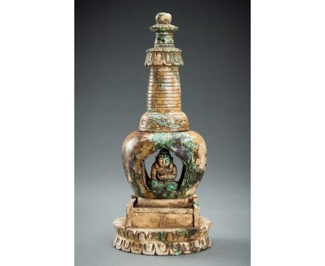 A FOUR-PART TURQUOISE MATRIX STUPA WITH BUDDHAChina, 20th century. Consisting of four pieces, the circular double-lotus base,