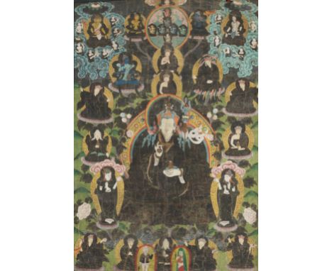 A THANGKA OF PADMASAMBHAVA 蓮花生大士唐卡Nepal, 19th - early 20th century. Distemper on cloth. The Indian saint seated on a throne i