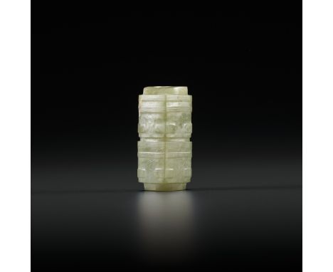 A MINIATURE JADE CONG-FORM BEAD, LIANGZHU CULTUREJade. China, Liangzhu culture, c. 3300-2200 BCThis jade is carved as a two-t