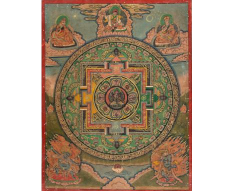 A TIBETAN THANGKA OF A MANDALATibet, 20th century. Distemper on fabric. The central deity seated on a lotus base, surrounded 