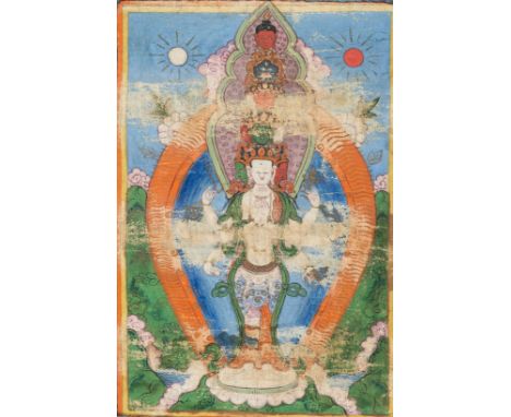 A THANGKA OF AVALOKITESHVARA, 19TH CENTURYTibet. Distemper on cloth, with a silk brocade frame, mounted as a hanging scroll w