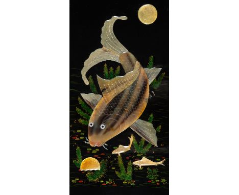 AN INLAID "CARP WATCHING THE MOON" LACQUER PANELVietnam, c. 1930s-1950s. The rectangular black lacquered panel inlaid with si