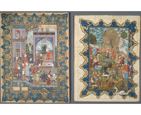 A LOT WITH TWO FINE MUGHAL MINIATURE PAINTINGSIndia/ Persia, Mughal Empire, 18th - 19th century. The first painted with gouac