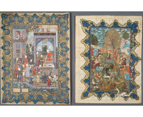 A LOT WITH TWO FINE MUGHAL MINIATURE PAINTINGSIndia/ Persia, Mughal Empire, 18th - 19th century. The first painted with gouac