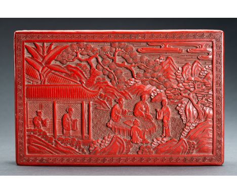 A CINNABAR LACQUER 'SCHOLAR' BOX AND COVER, REPUBLIC PERIODChina, Republic period (1912-1949). Of rectangular form, the top o