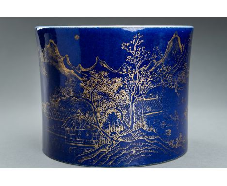 A GILT-DECORATED POWDER-BLUE GROUND BRUSHPOT, QINGChina, Qing Dynasty (1644-1912). Of circular section, finely painted in gol