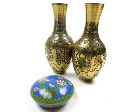 Pair of 19th century Mexican enamel on copper beakers with silver halmarked aztec decoration and silver rims. Each standing 7