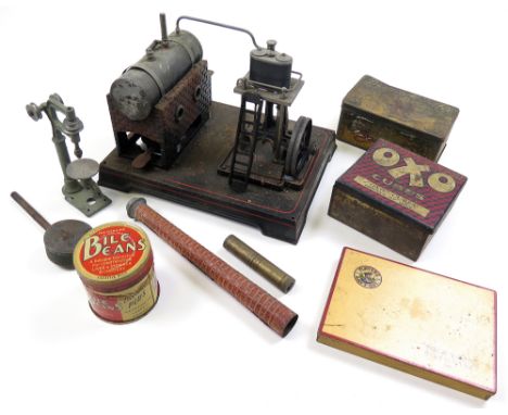 Live model steam engine with funnel, circa early 20th century (base dimensions 19cm x 25cm approx.), together with seven old 