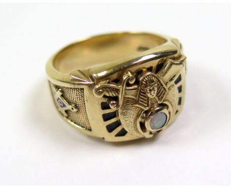 10ct Gold American Masonic Ring set with Opal centre stone size U weight 15.2 grams