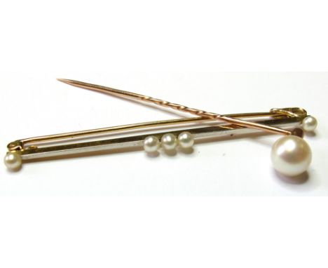 15ct Gold and Yellow Metal Bar Brooch and Stick Pin both set with pearls weight 4.5 grams