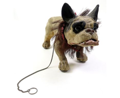 Early nodding & growling (barking) French Bulldog of flock covered papier-mache construction (named Coco), by Roulets et Deca