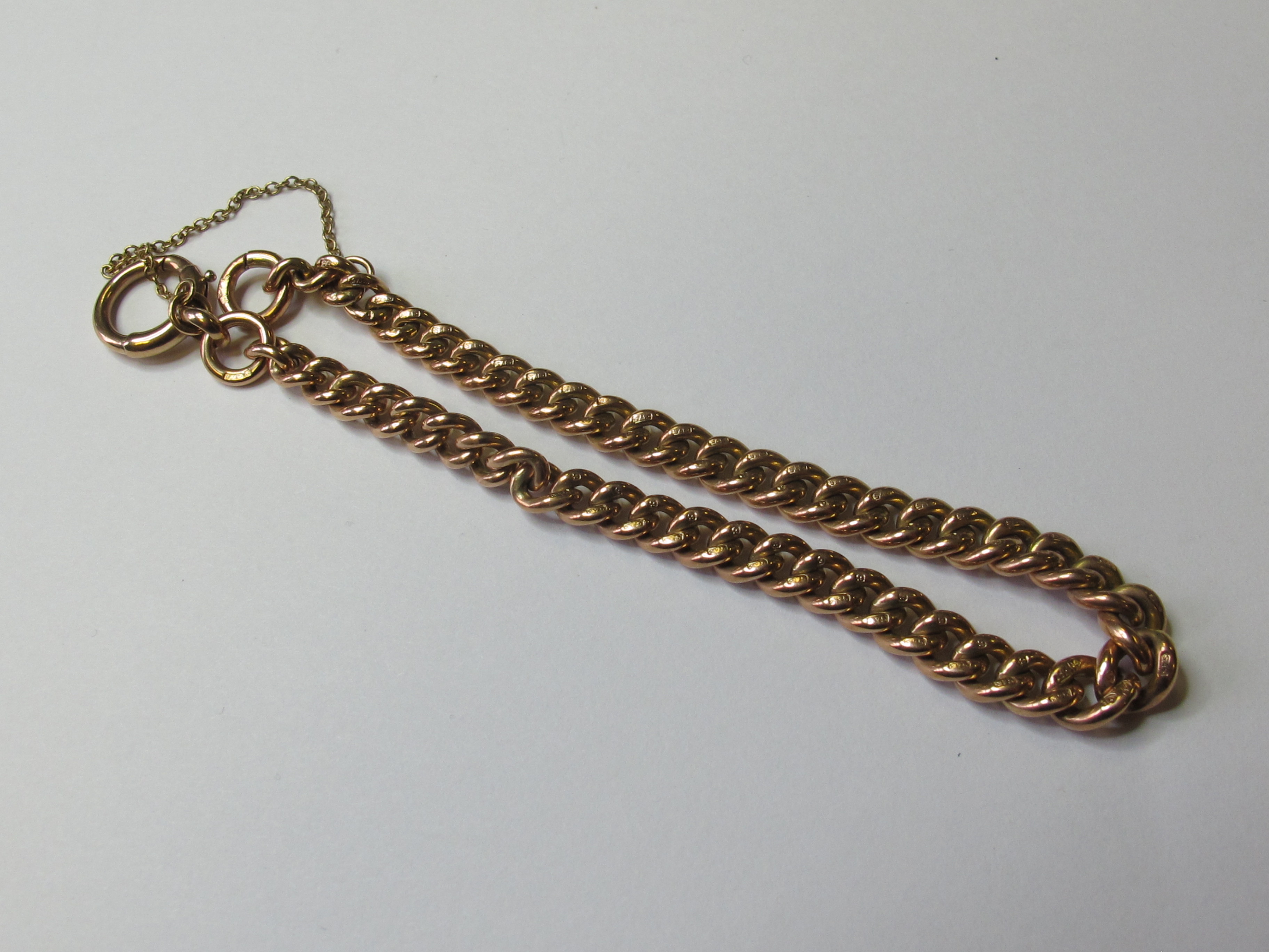 9ct gold bracelet with safety chain, each link hallmarked (probably made from an old watch chain) 9ct gold bracelet with safety chain, each link hallmarked (probably made from an old watch chain)