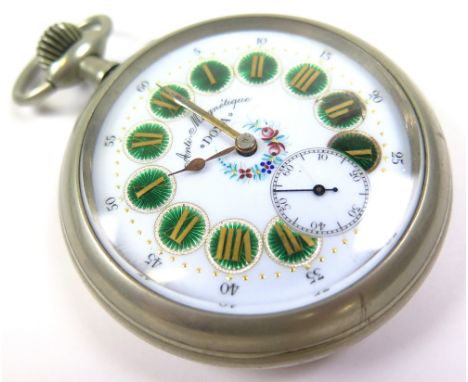 Large Doxa Nickel Railway Watch, white enamel face with Roman numerals highlighted by green enamel with a second hand minor e