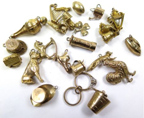 Assortment of twenty two (22) 9ct charms, includes , Dog , Cockeral, Harp, Rugby Ball etc, approx weight 54g