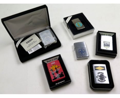 Zippo. Six military related lighters, incl. Kosovo Force (inlaid), 1st Armoured Division, Multinational Force & Observers Sin