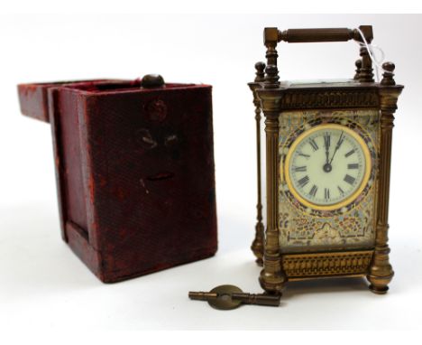 Five glass carriage clock, circa late 19th century, with enamel floral design to clock face surround, in original case, heigh